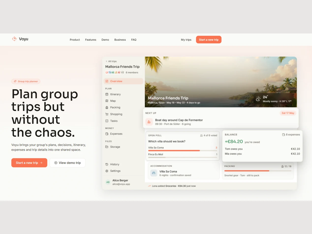 The live voyu.app landing page showing a shared trip space with itinerary, poll, balance and packing list