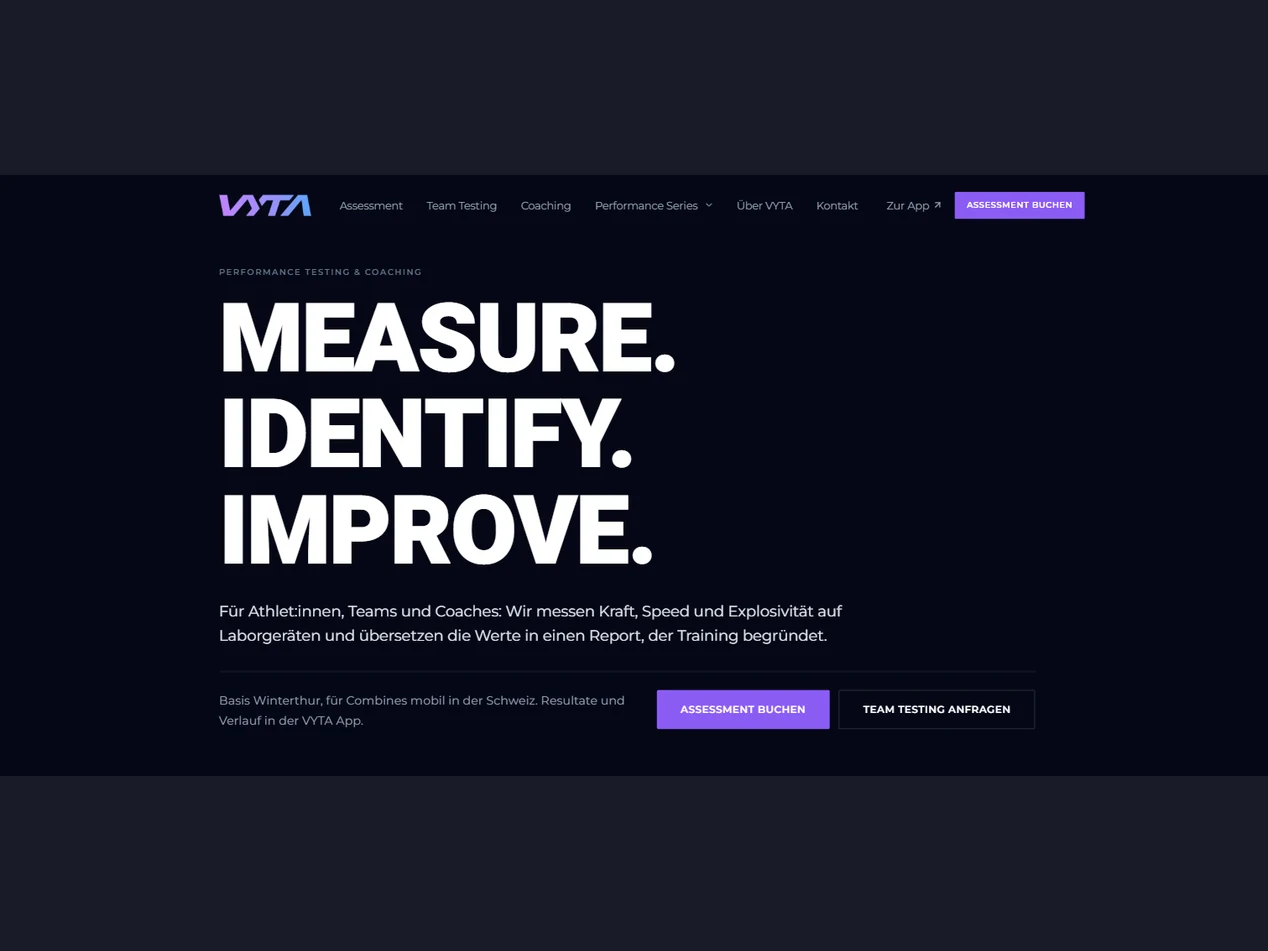The live vyta-life.ch site with the headline Measure. Identify. Improve. and a sample athlete profile below